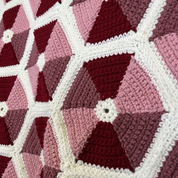 Vintage Handmade Crochet Hexagon Blanket Pink White Granny Geometric Valentines - Picture 2 of 7